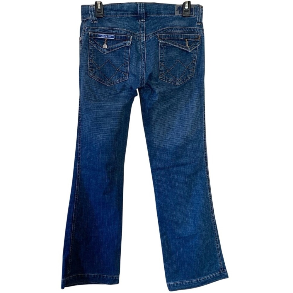 Conquest Jeans Low Rise Flare Leg Denim Blue Wash Trendy Casual women 28 - Picture 2 of 7